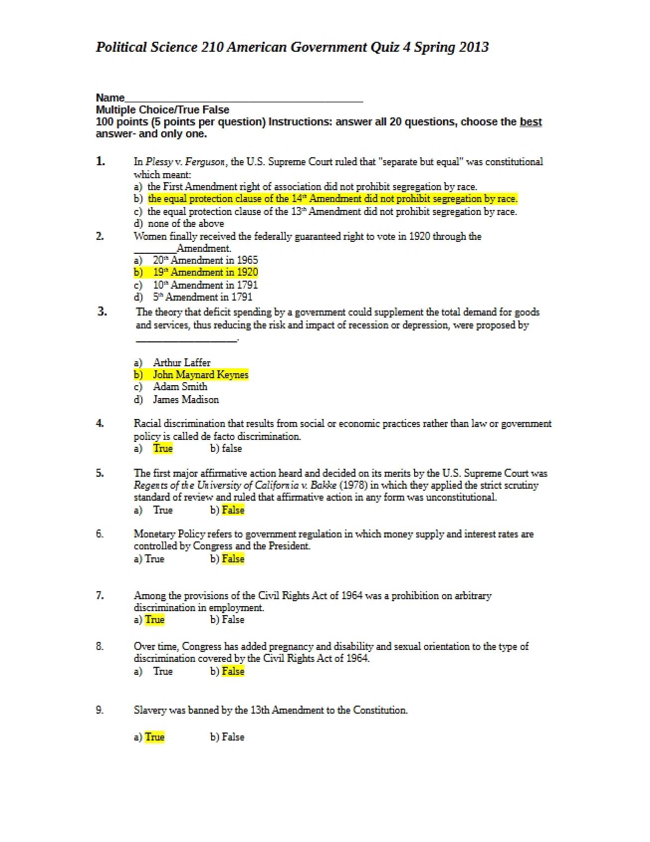 Political Science Quiz 4 Key