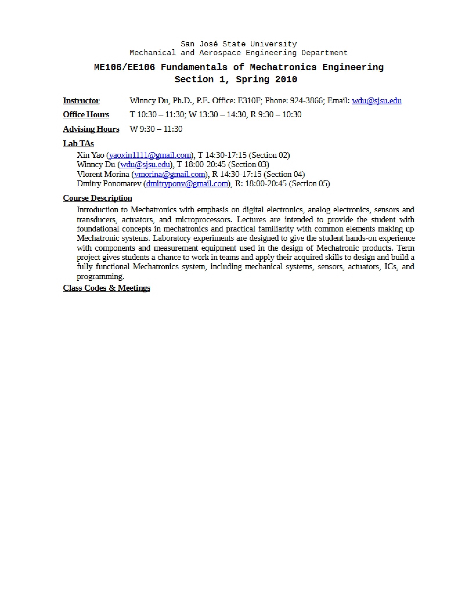 Mechatronics Engineering Syllabus