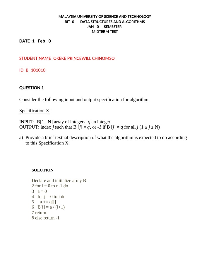 Midterm Test for Data Structures and Algorithms