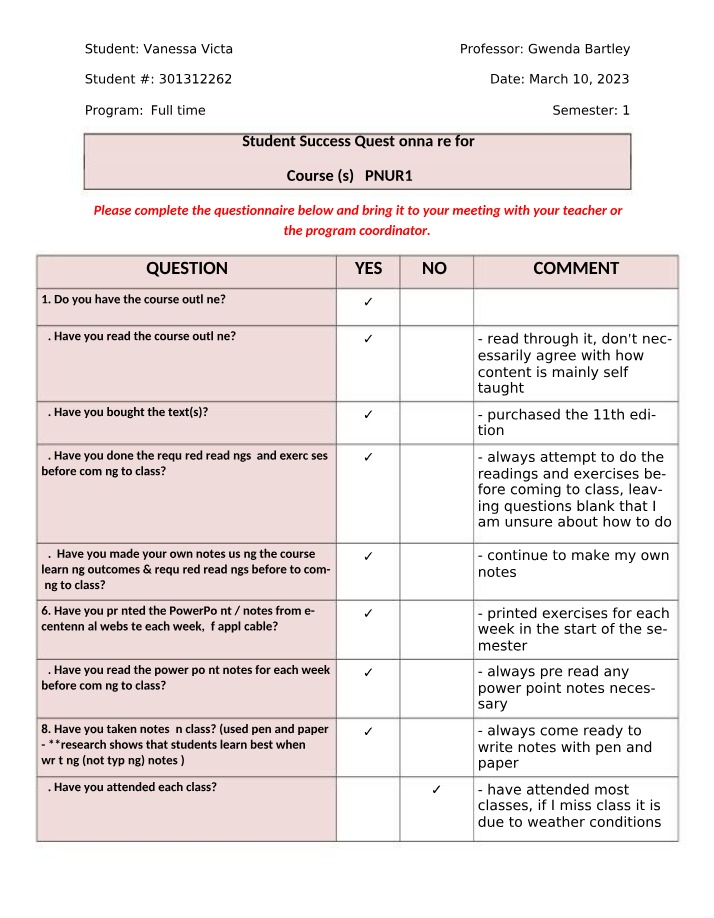 Questionnaire for Student Success