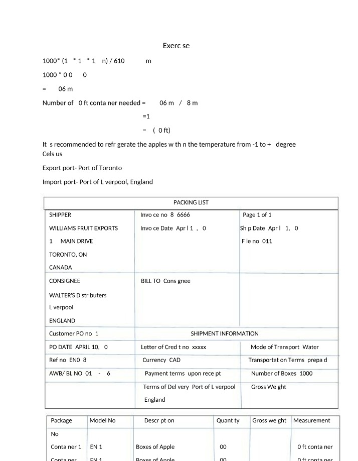 Container Needs Calculation for Apple Exports from Toronto