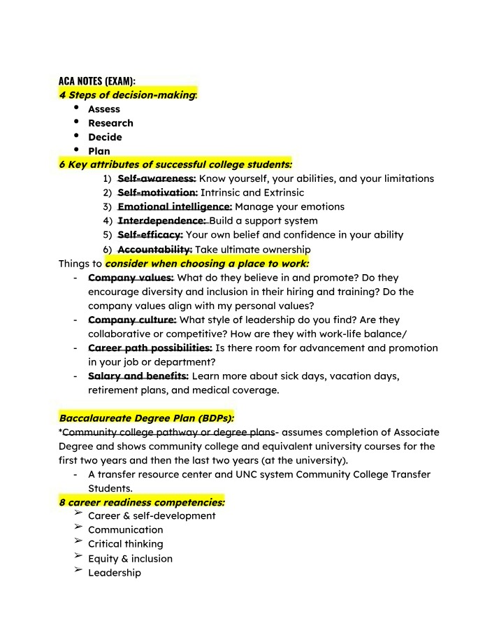 Final Exam Notes for ACA