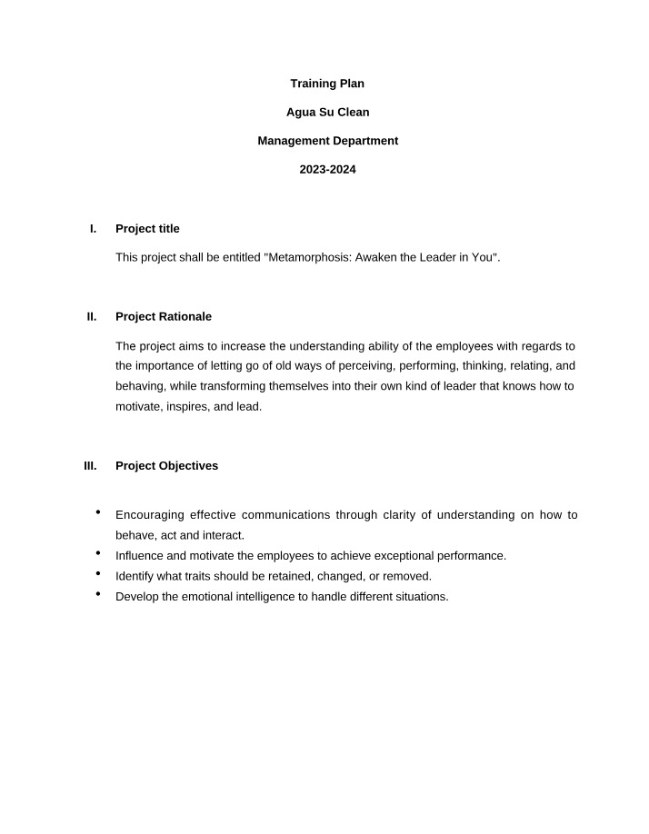 Training Plan for Agua Su Clean