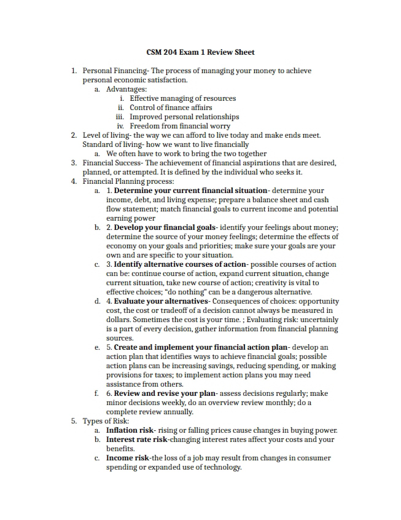 Personal Financial Planning Exam 1 Review