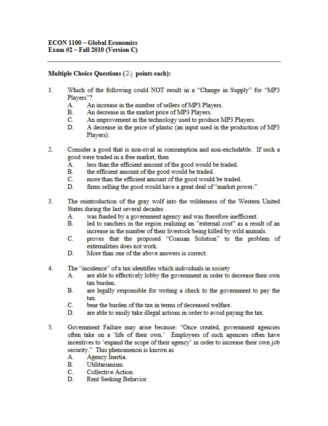 Second Exam Introduction to Global Economics