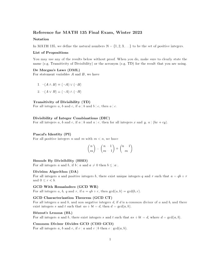 MATH 135 Final Exam Reference (Winter 2023)