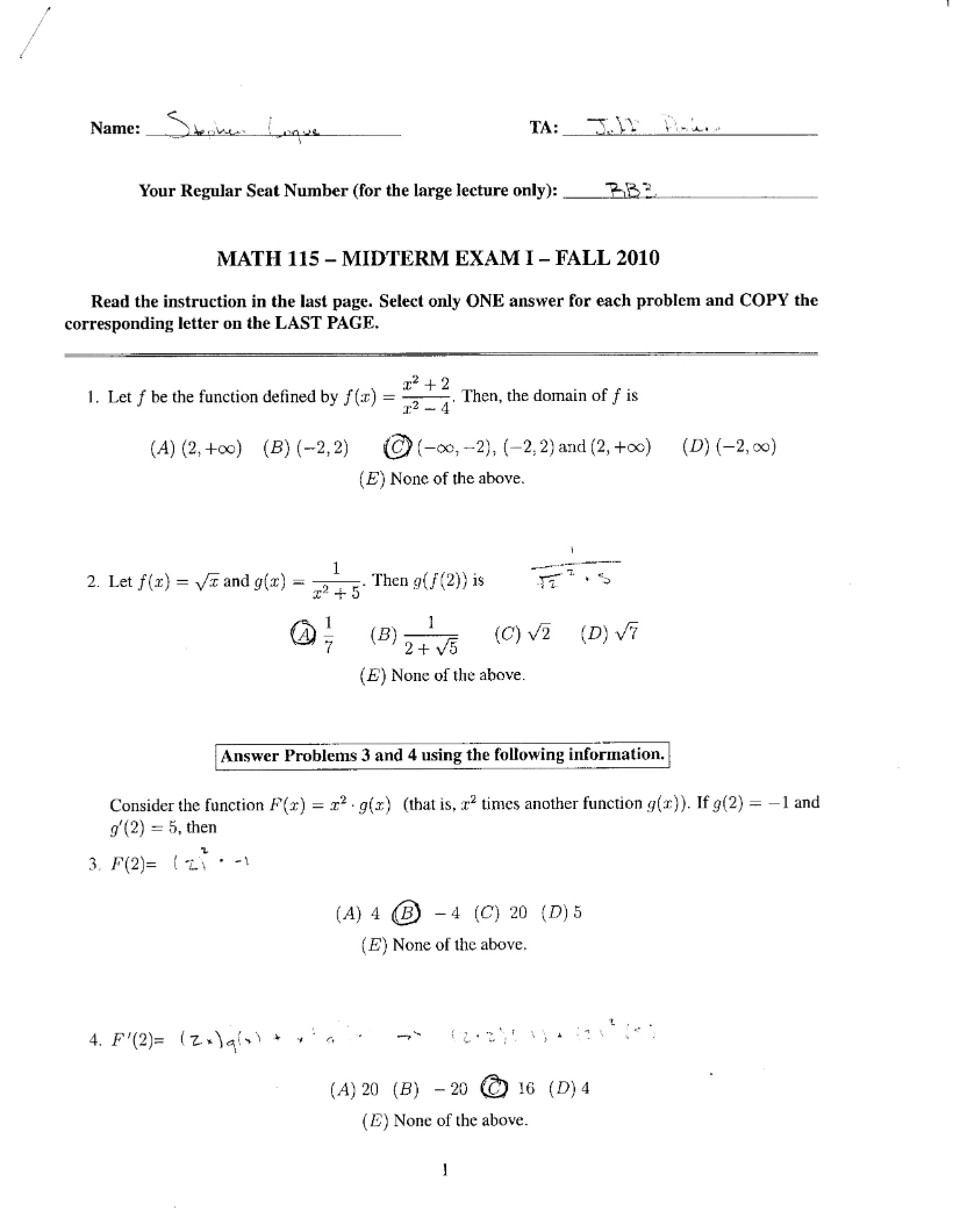 Fall 2010 Midterm Exam One