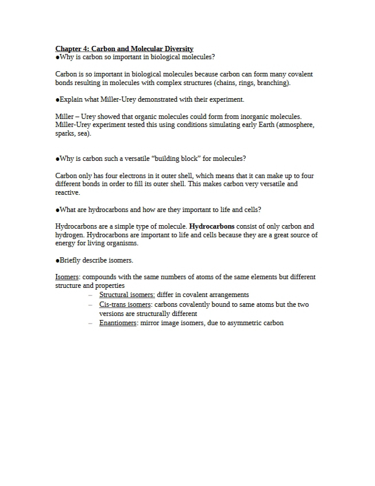Molecular Diversity and Carbon (Ch 4)