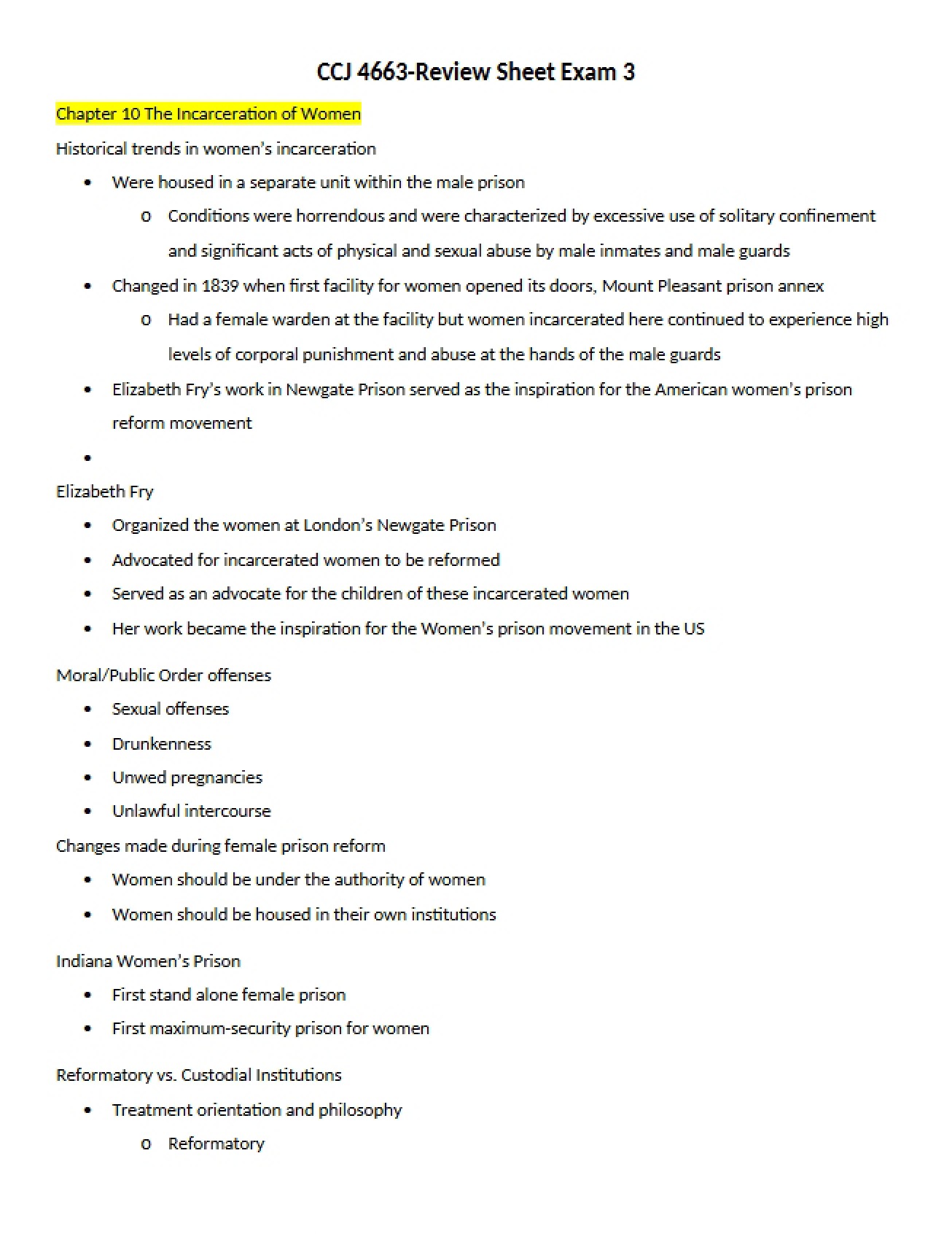 Incarceration of Women A Chapter 10 Analysis