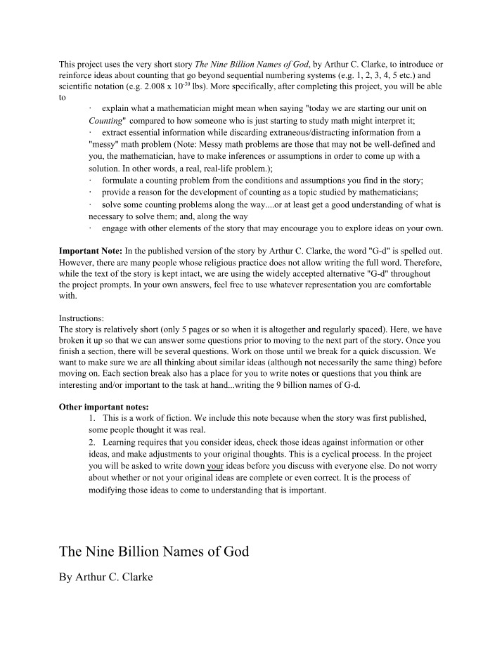 Counting Beyond Sequential Numbers in The Nine Billion Names of God