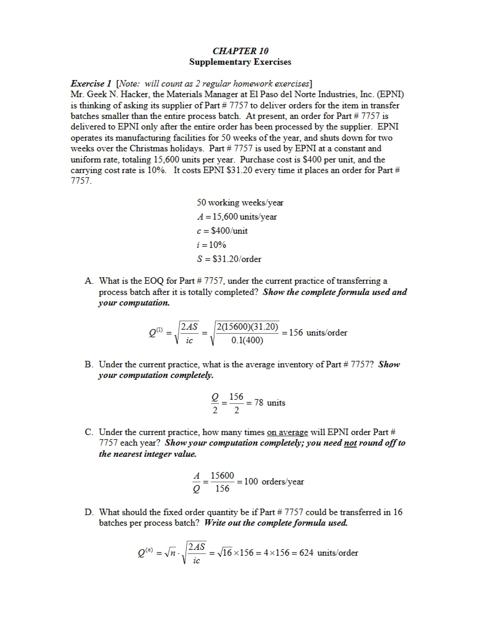 Supplementary Exercises for Chapter 10