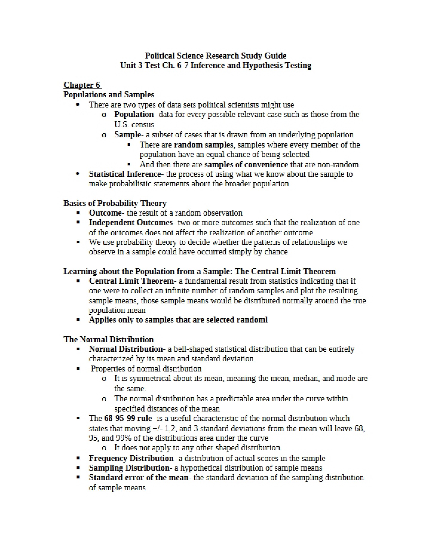 Chapters 6-7 Inference and Hypothesis Testing