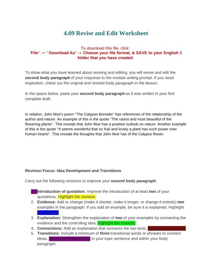 Worksheet - Revise and Edit
