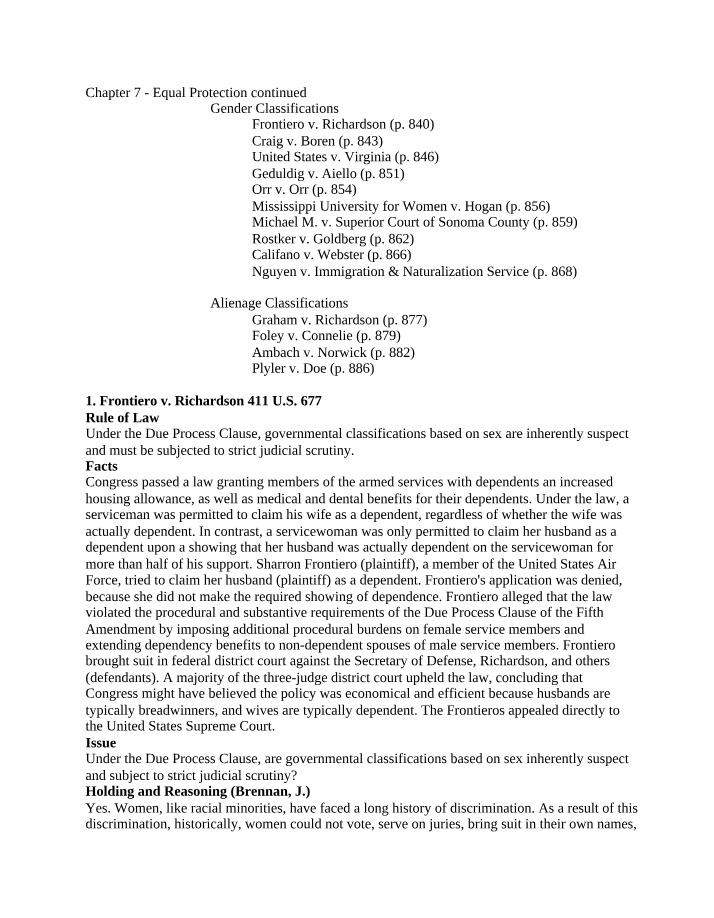 Chapter 7 Notes - Gender and Alienage