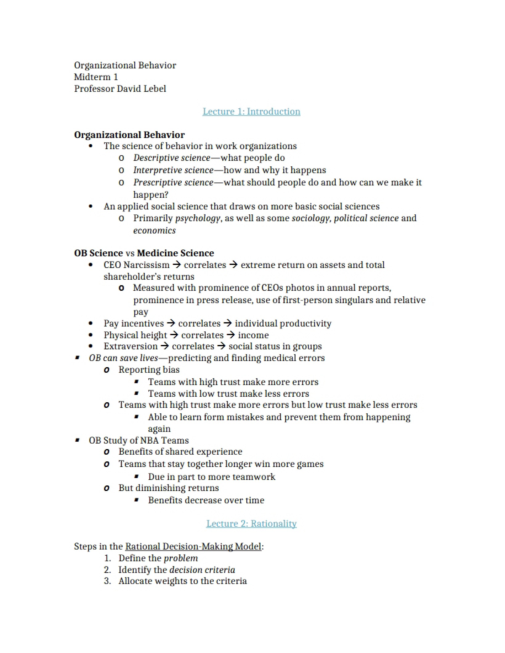 Organizational Behavior Midterm 1
