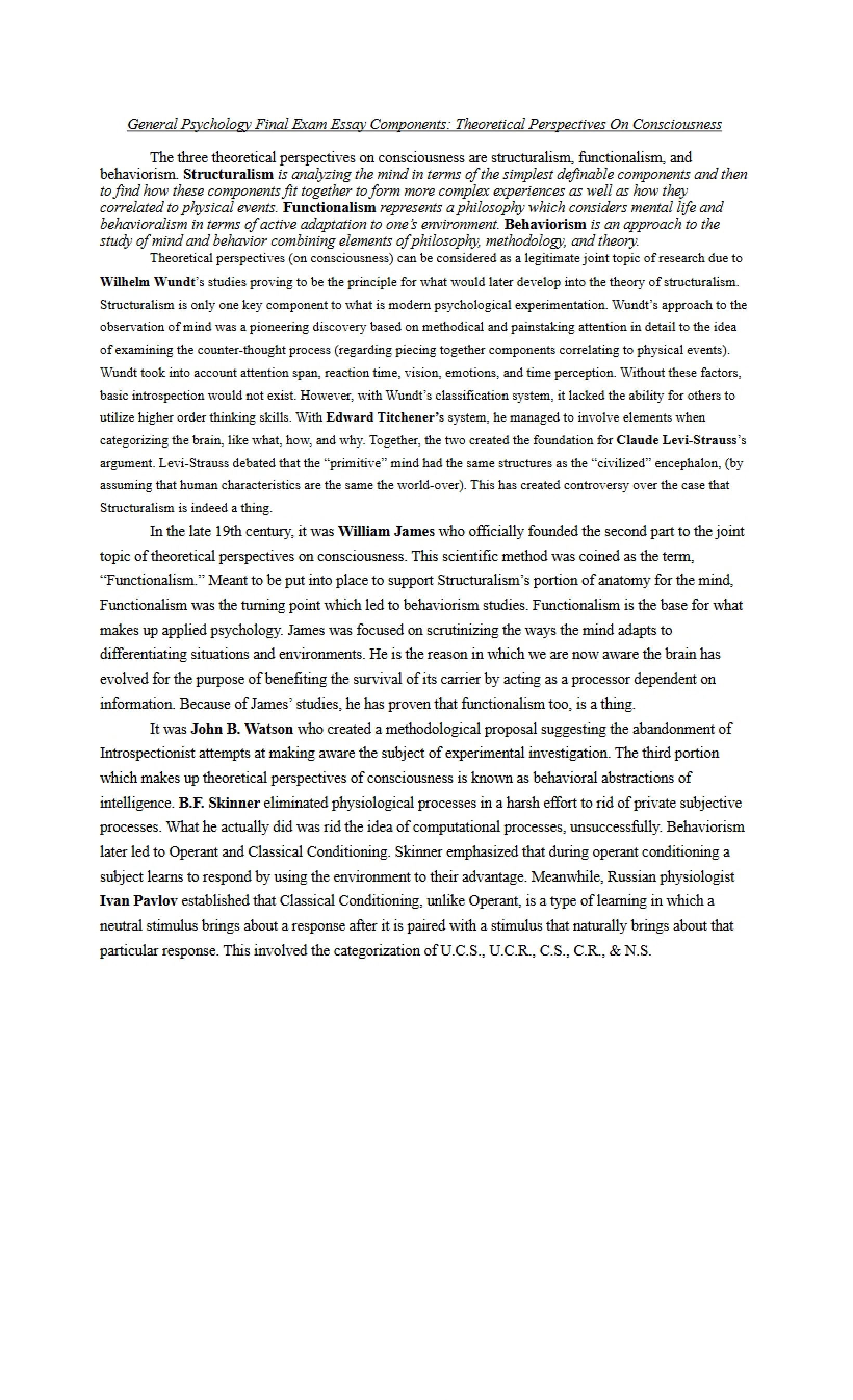 Consciousness Theoretical Perspectives Final Exam Essay