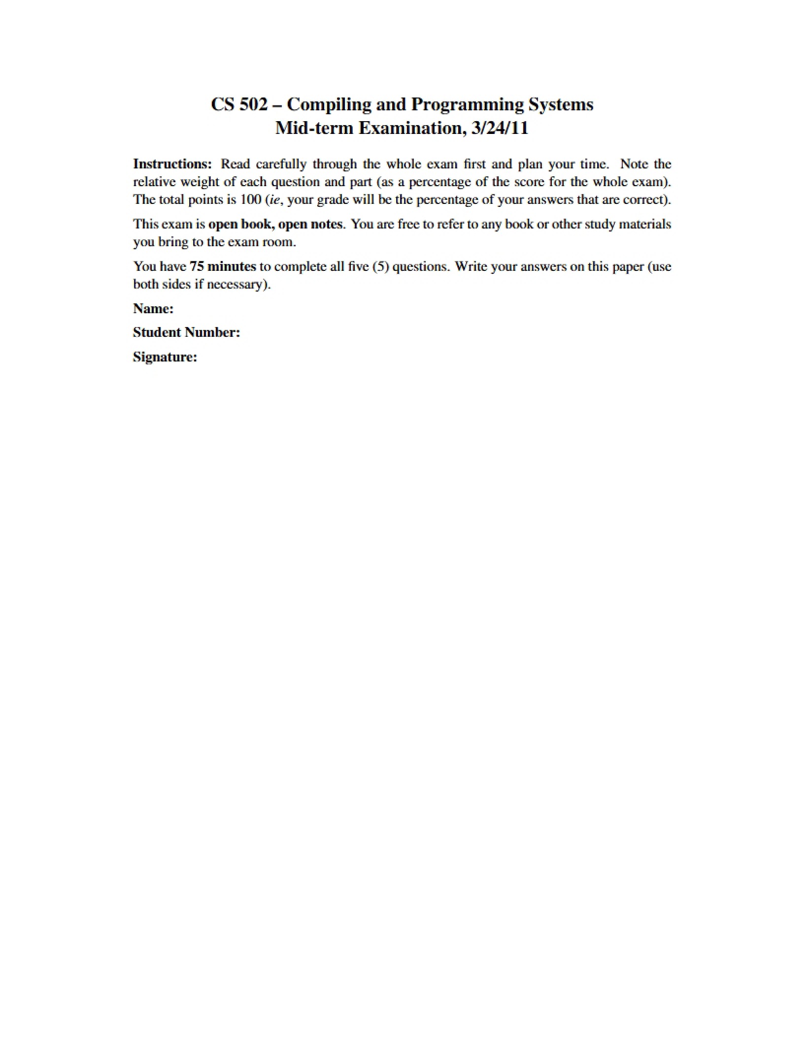 Examination for Midterm