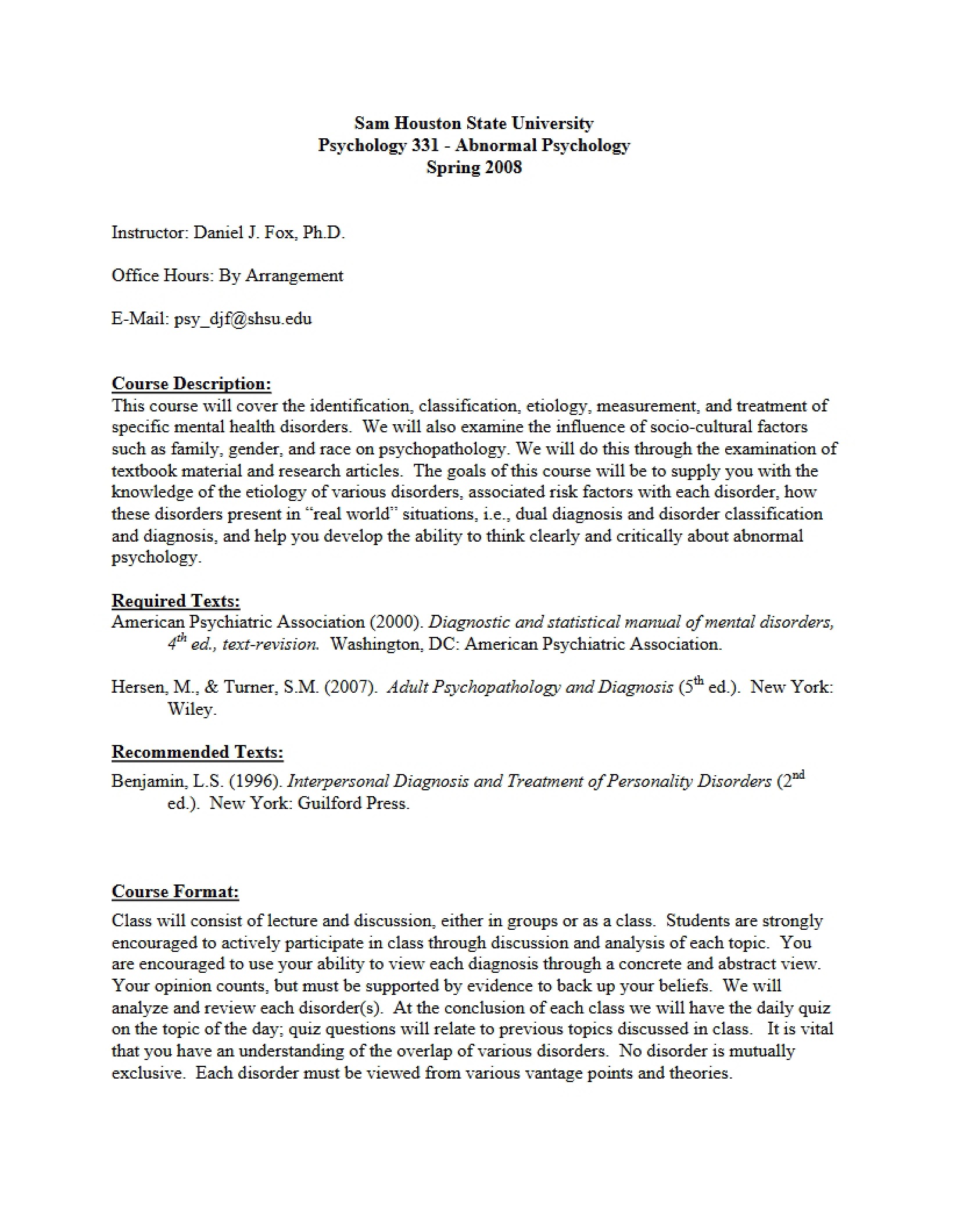 Syllabus Abnormal Psychology - ABNORMAL PSYCHOLOGY