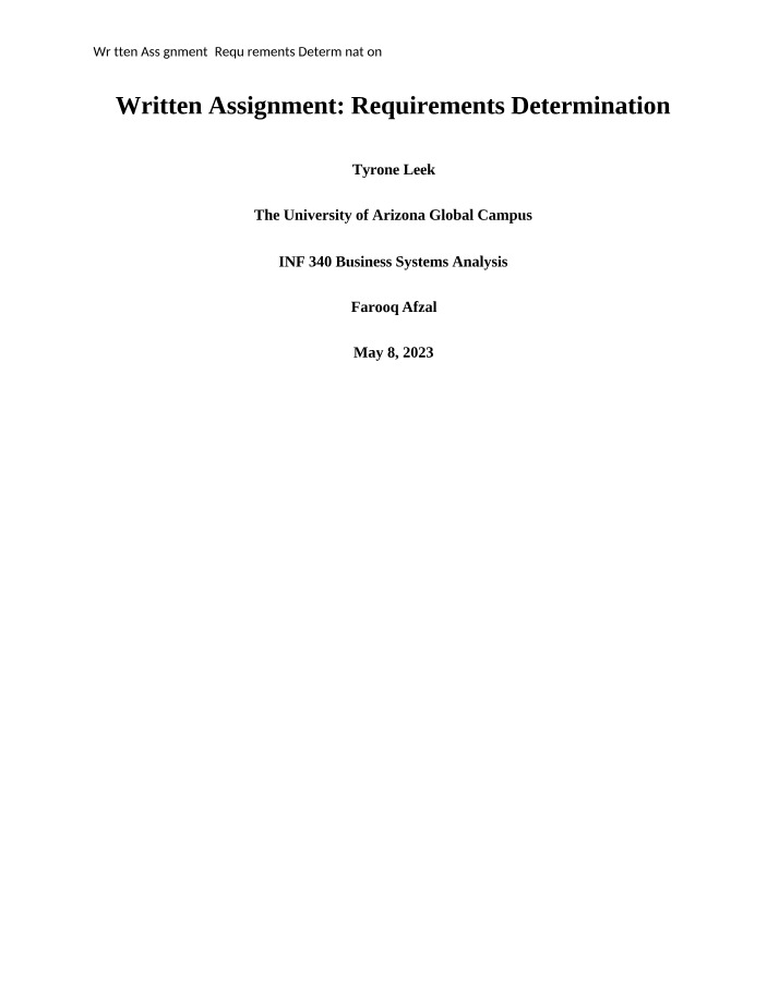 Written Assignment for Requirements Determination