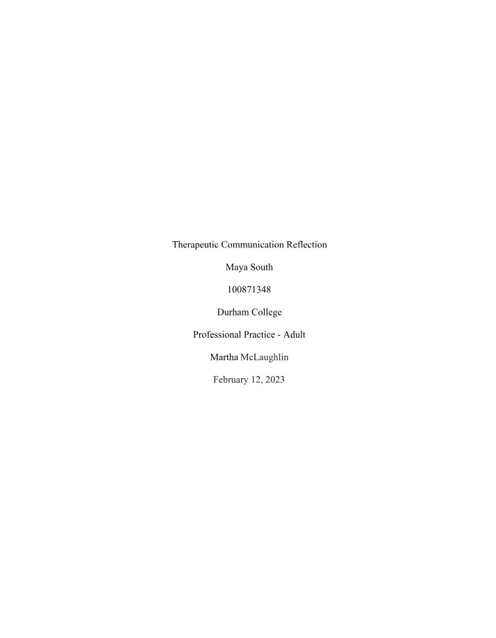 Reflection on Therapeutic Communication