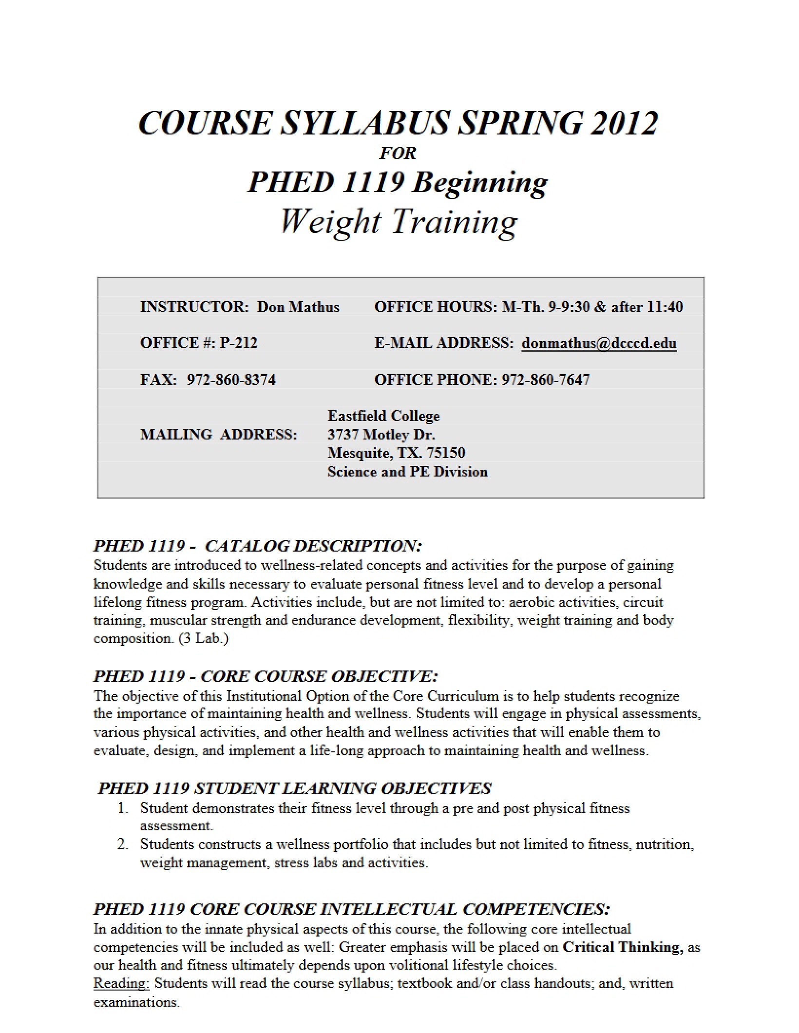 Course Syllabus for Beginning Weight Training