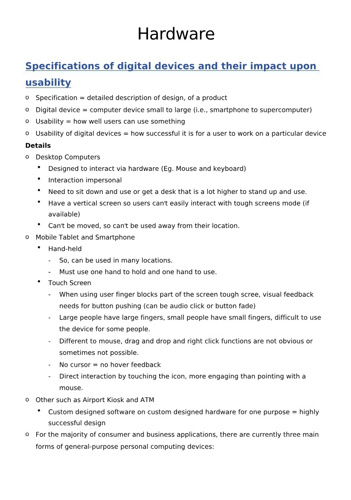 Impact of Digital Device Hardware Specifications on Usability
