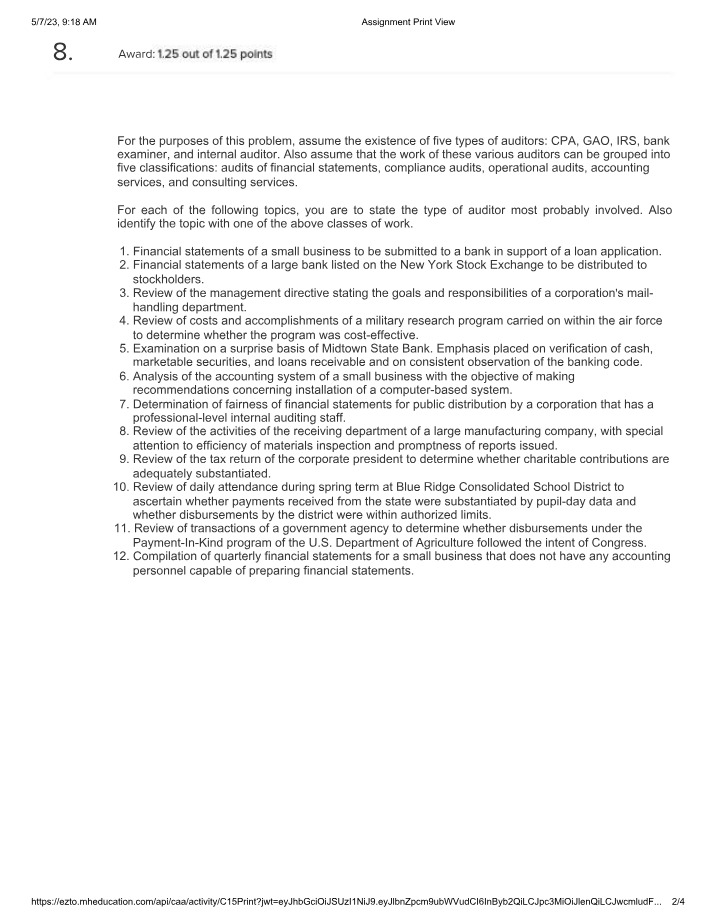 Answers for Auditor Types and Audit Classifications