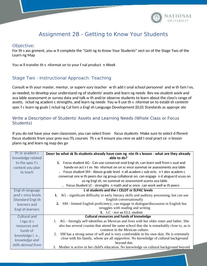 Assignment 2B - Getting to Know Your Students (Learning Map Stage Two)