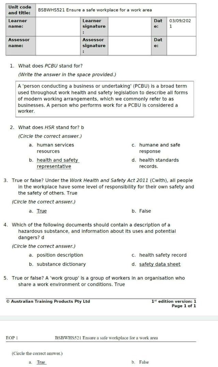 BSBWHS521 Exam - Ensure a Safe Workplace