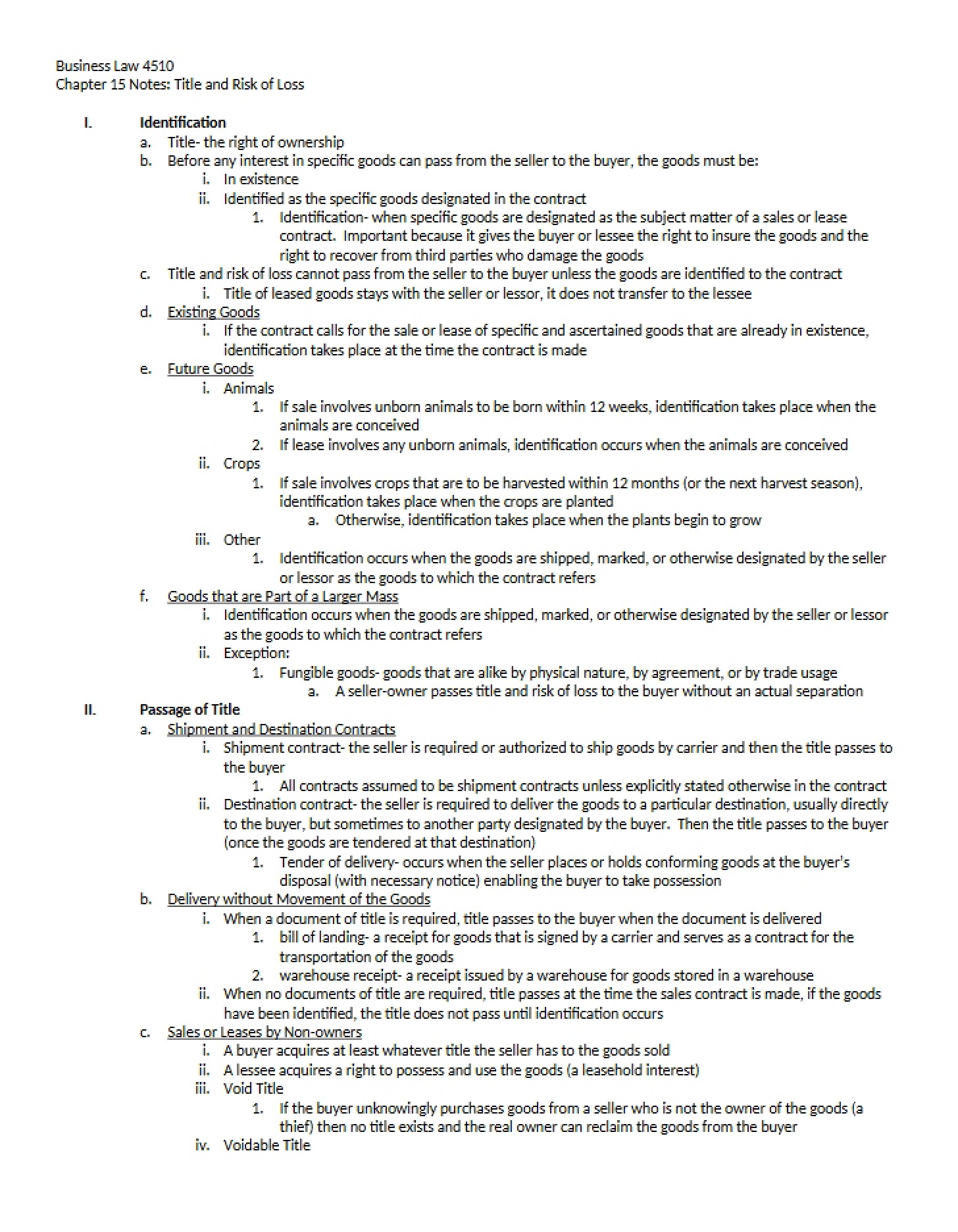 Risk of Loss and Title Transfer Notes