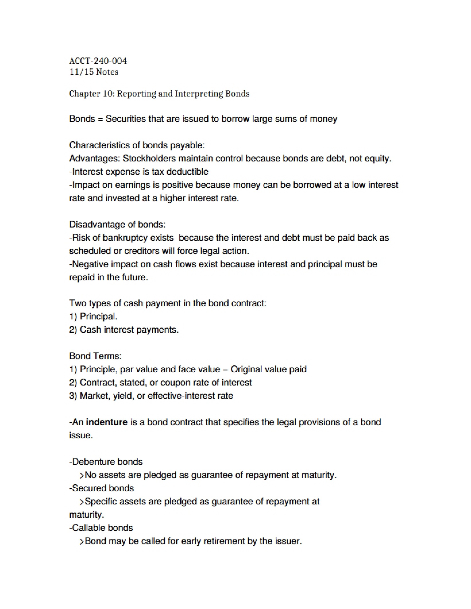 Bonds Reporting and Interpreting (Ch 10) - Principles of Financial Accounting