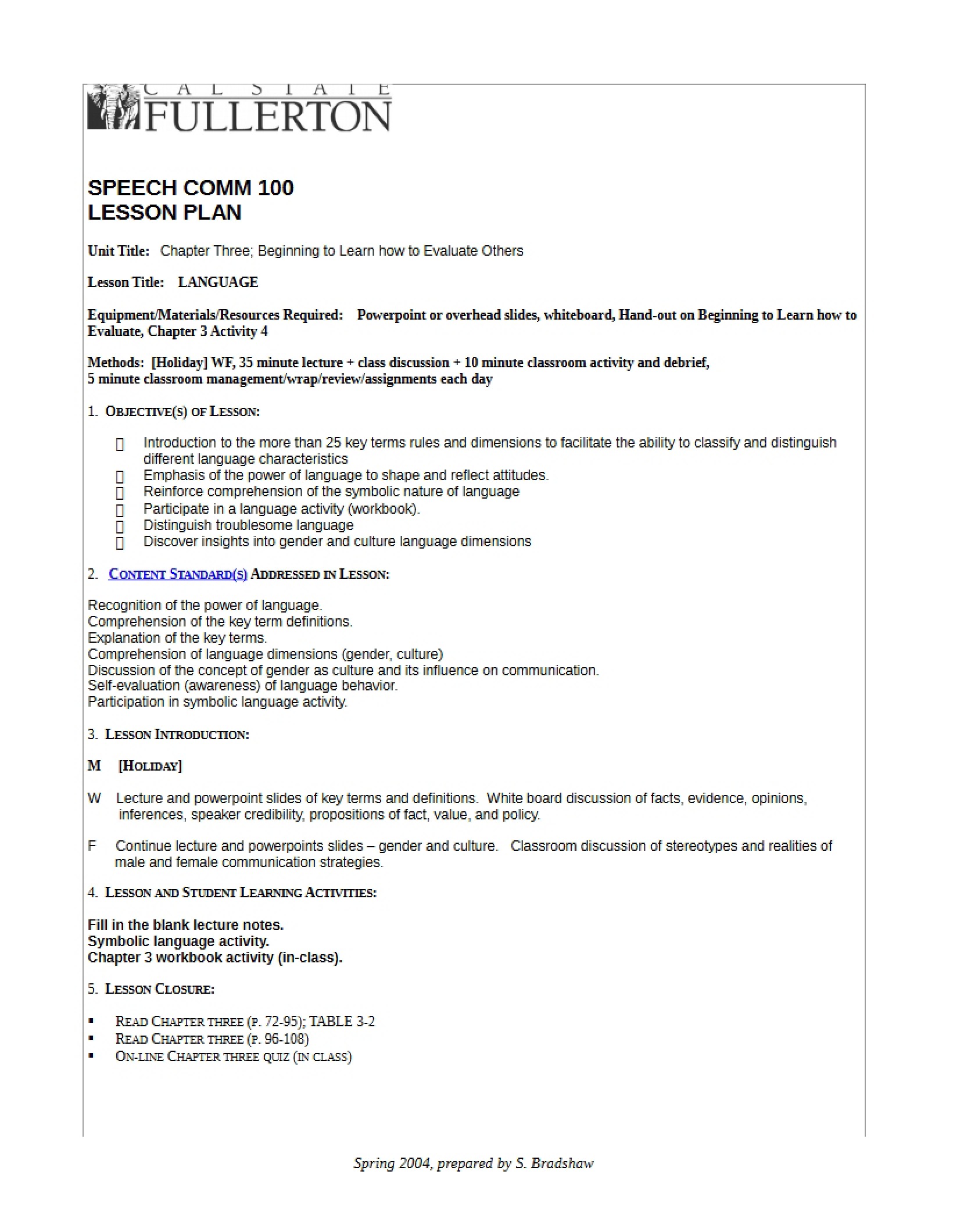 Lesson Plan Speech Comm 100
