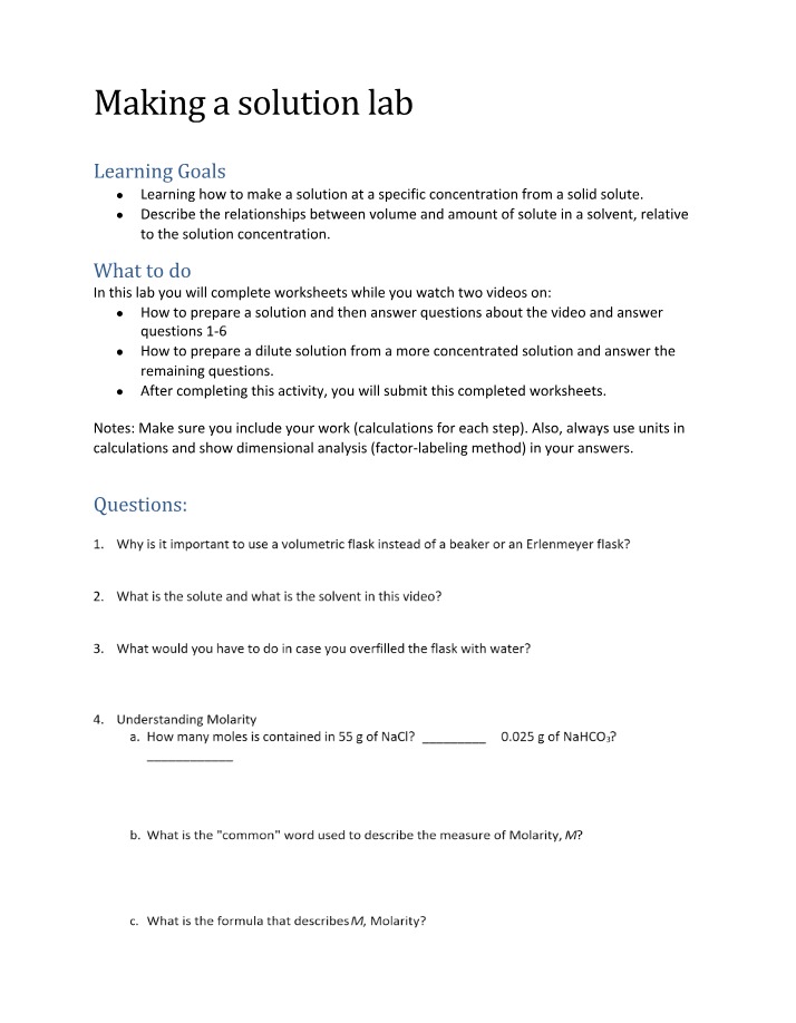 Making a Solution - Volume-Amount Relationship Lab