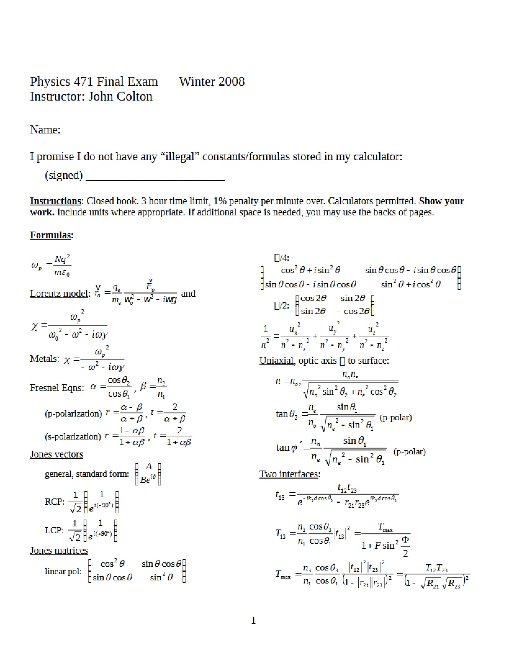 Physics 471 Exam