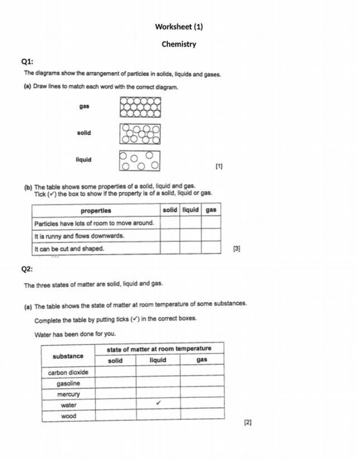 States of Matter - Worksheet on Solids, Liquids, and Gases