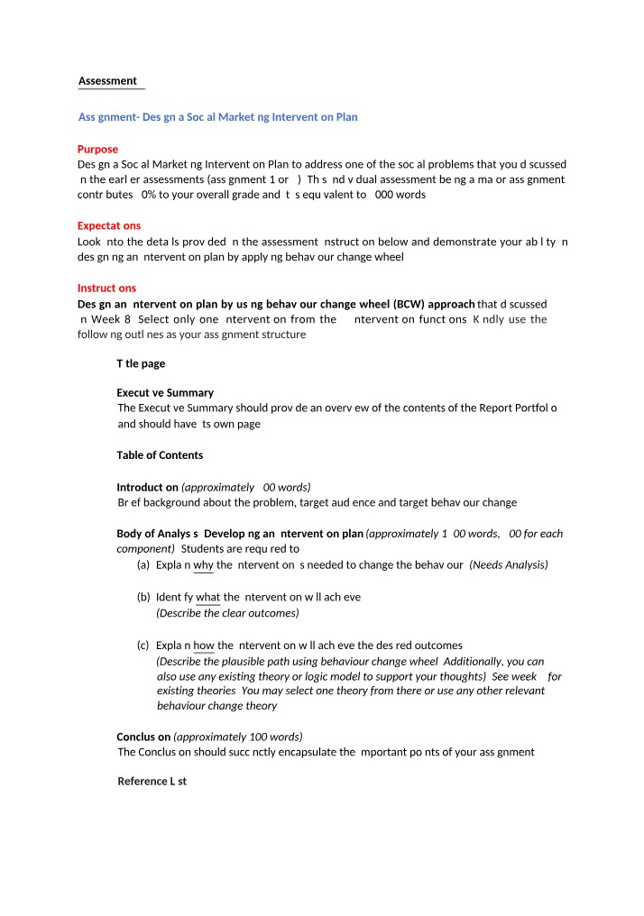 Instructions and Rubric for Assessment 3 - Social Marketing Intervention Plan