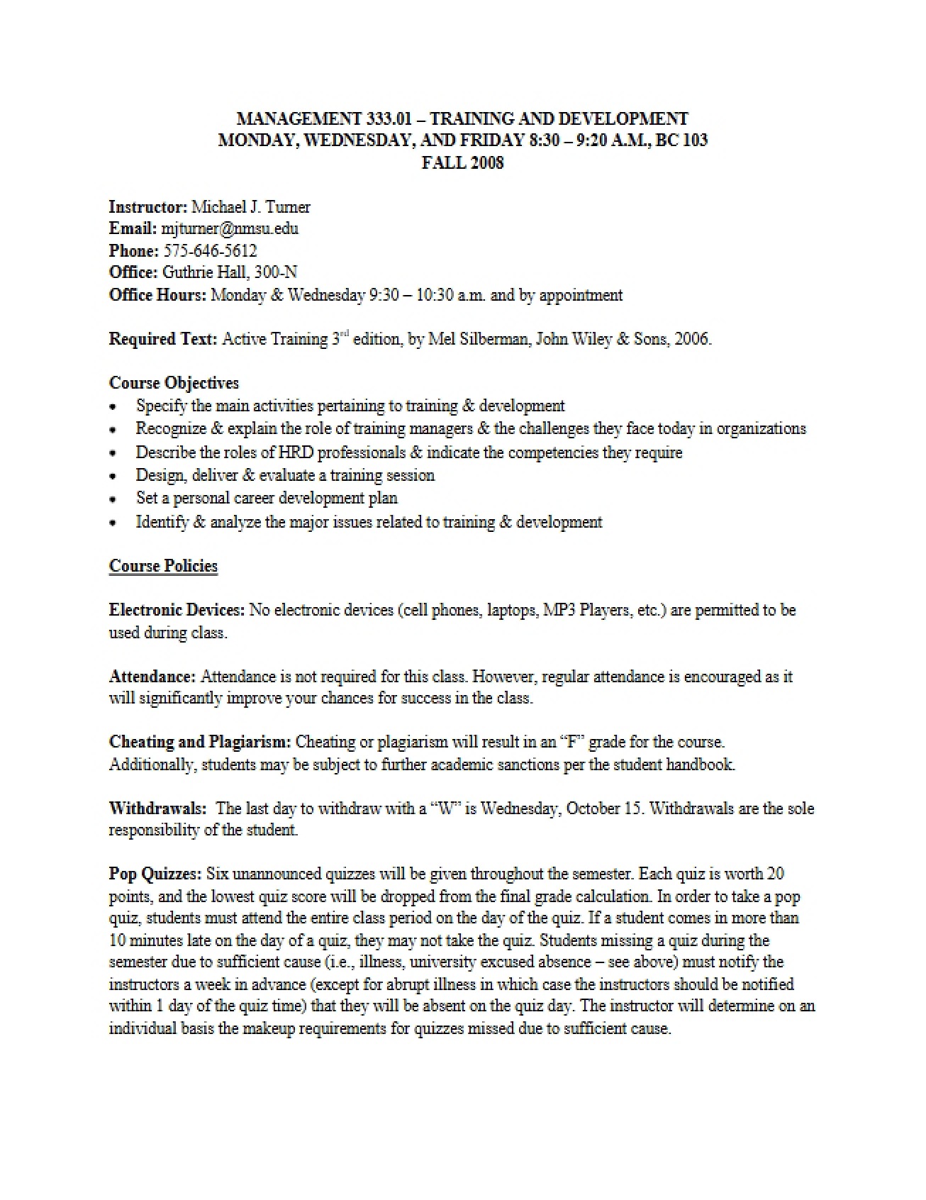 Training and Development Syllabus - Fall 2008 - Turner