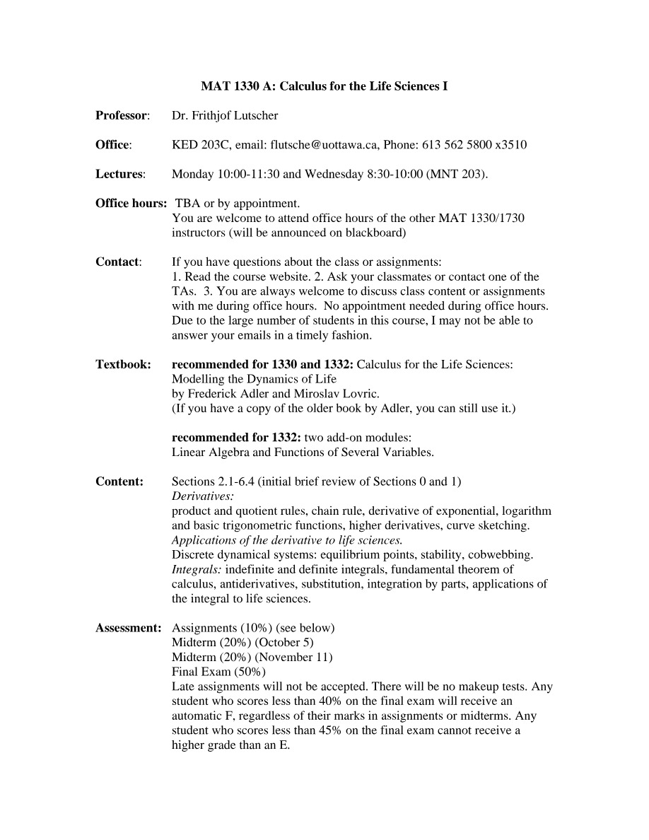 Calculus for the Life Sciences I - MAT 1330 A