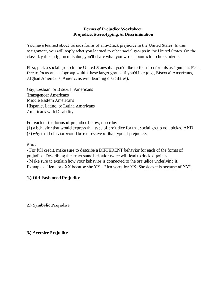 Worksheet on Forms of Prejudice