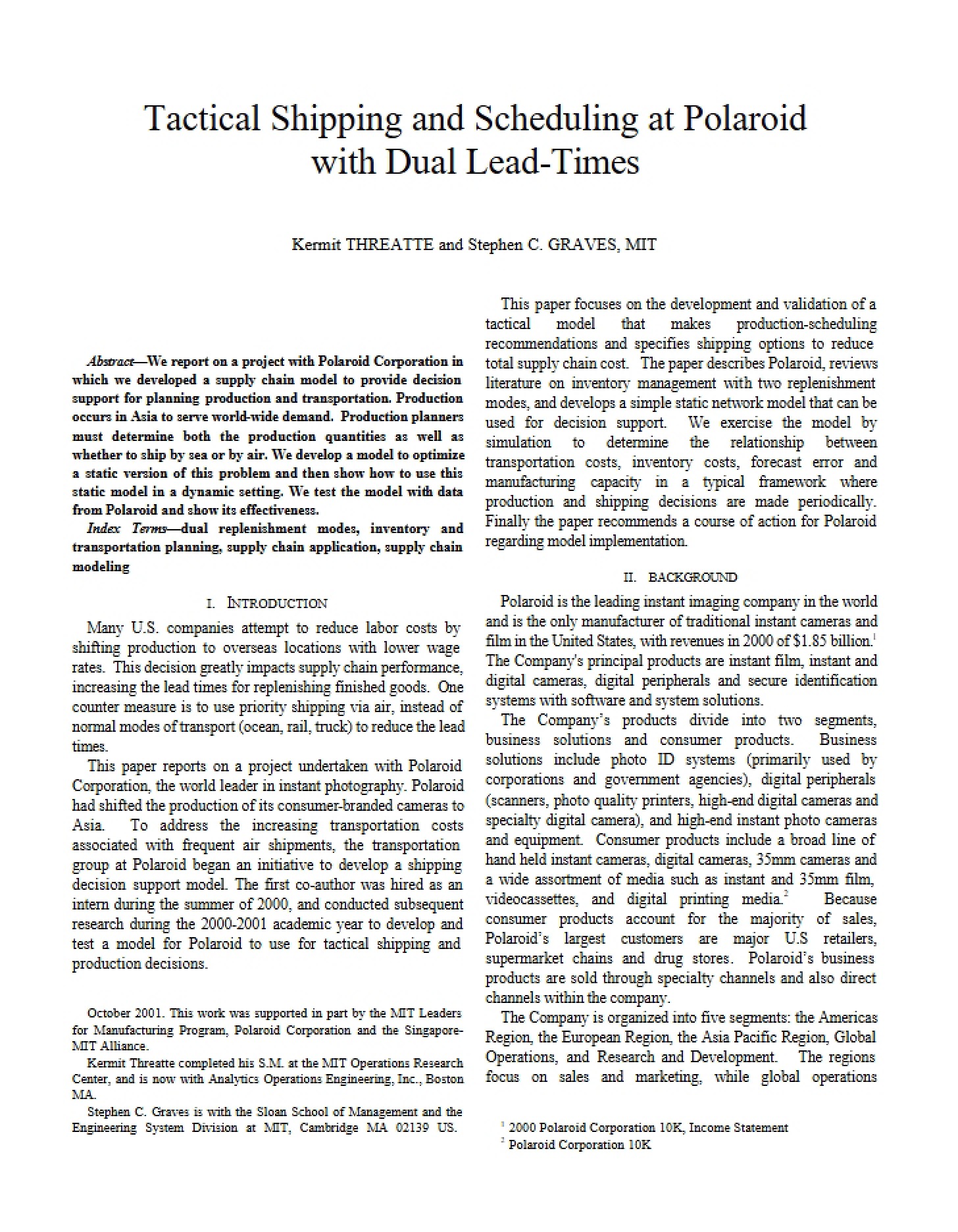 Polaroid Dual Lead-Times in Shipping and Scheduling