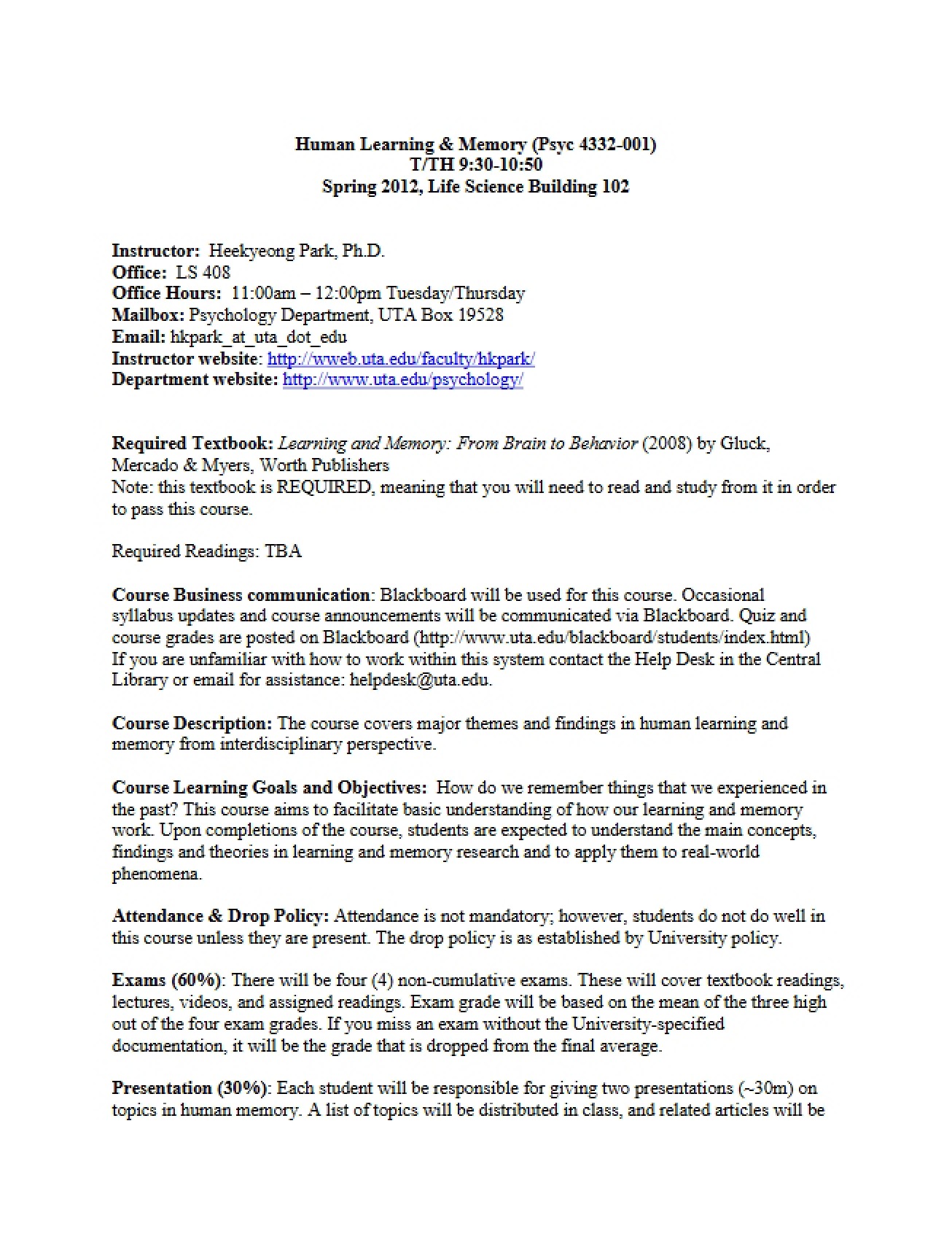Syllabus Human Learning and Memory