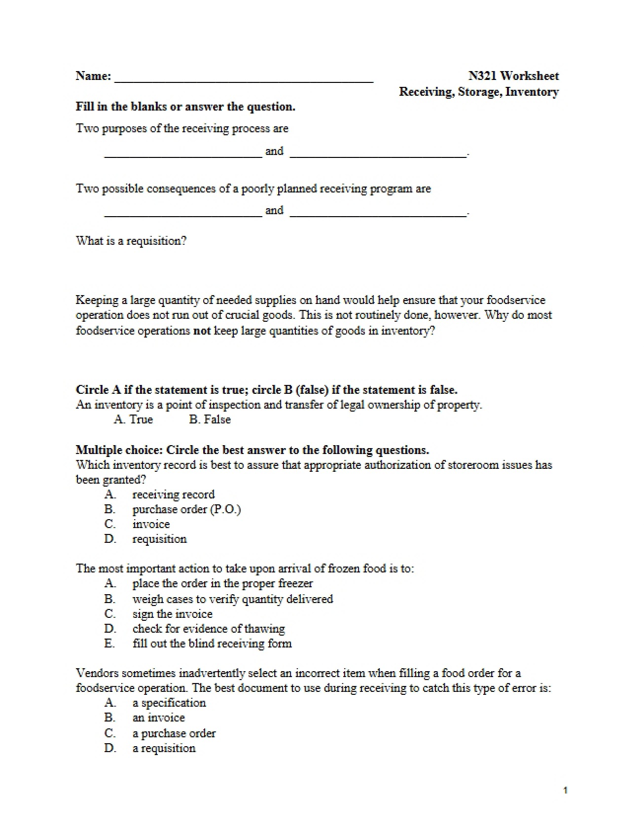 Receiving, Storage, and Inventory Worksheet