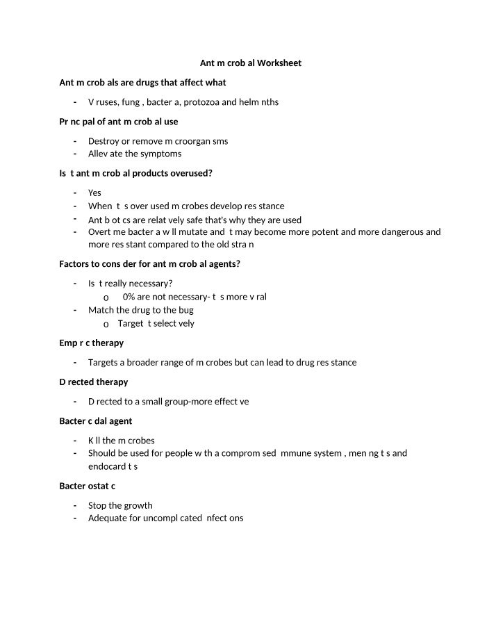 Worksheet on Antimicrobial Agents