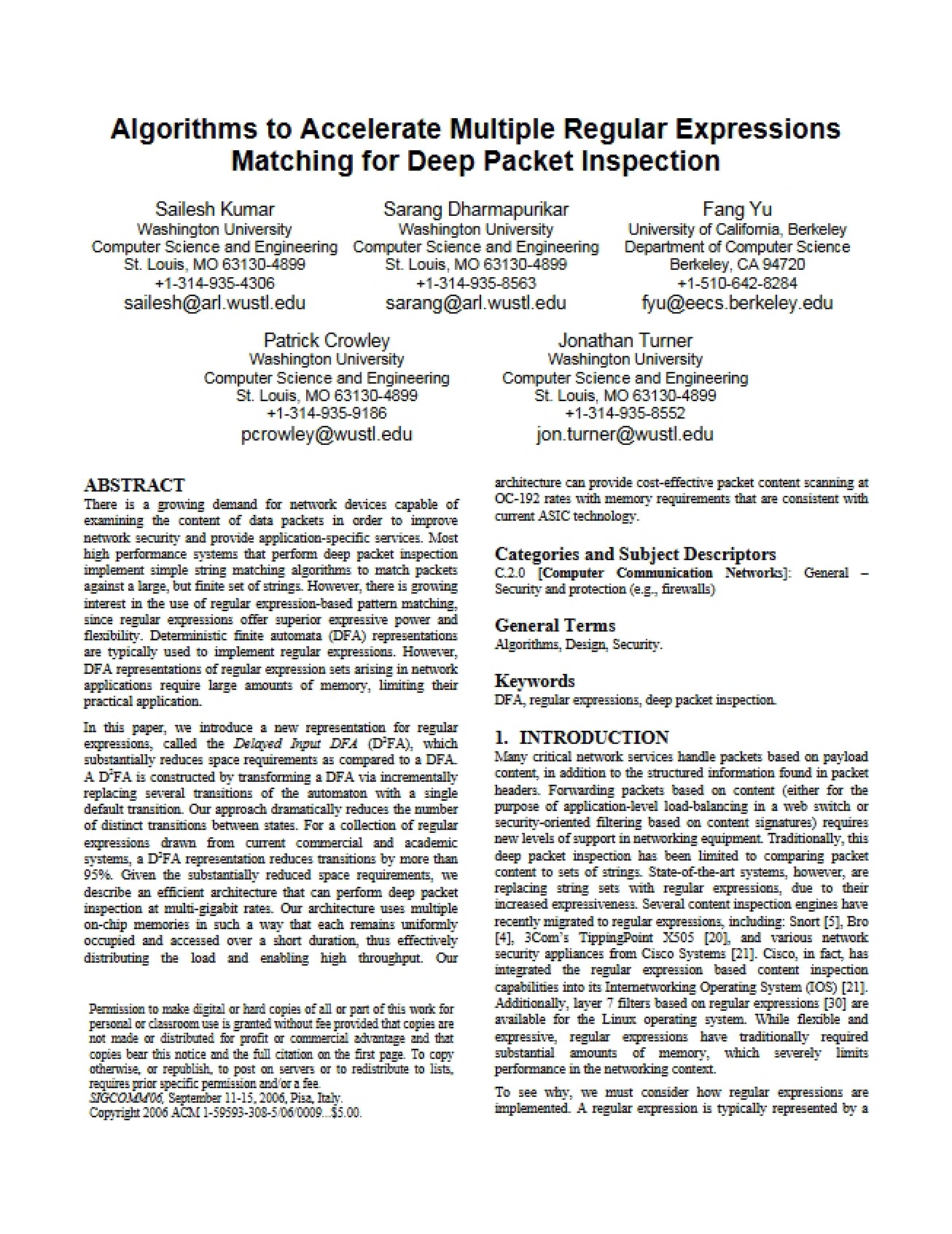 Accelerating Regular Expression Matching for DPI