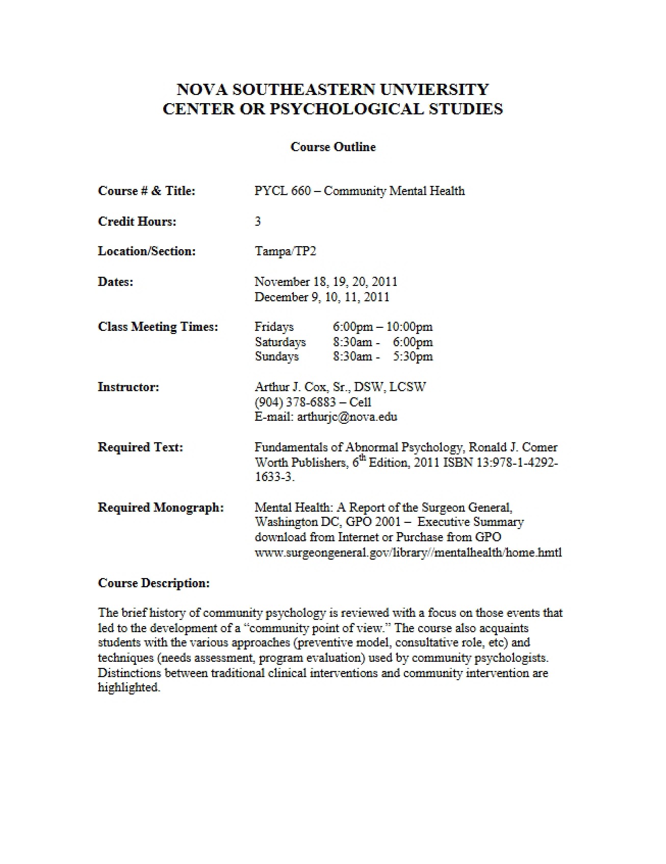Mental Health Course Plan