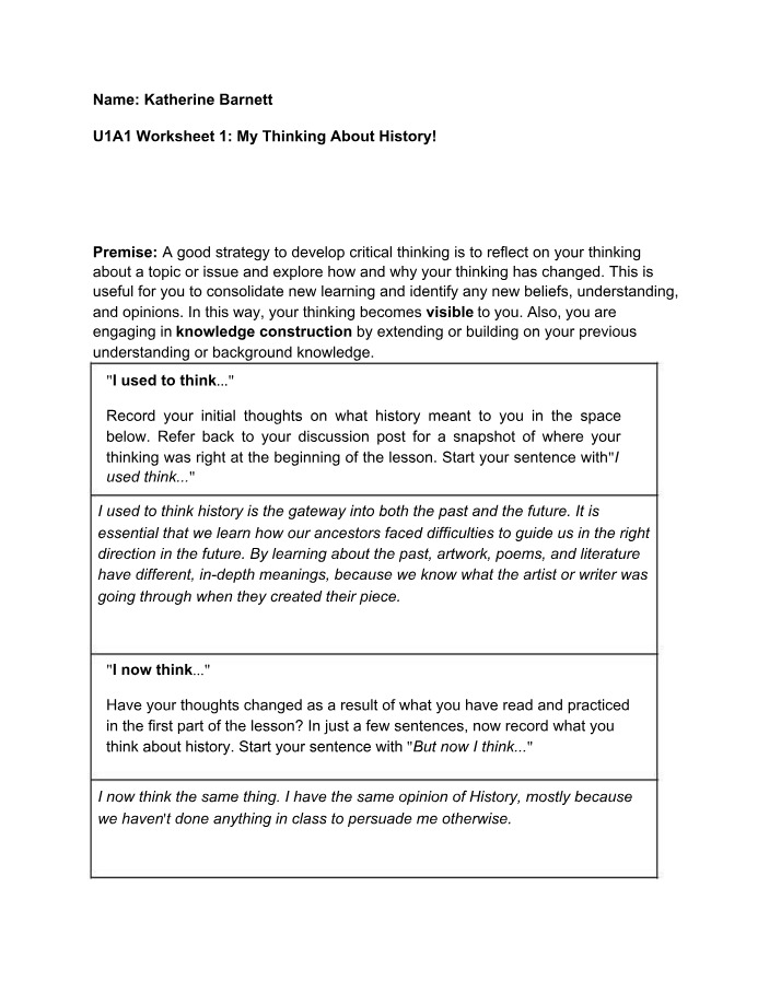 Worksheet 1 - My Thinking About History