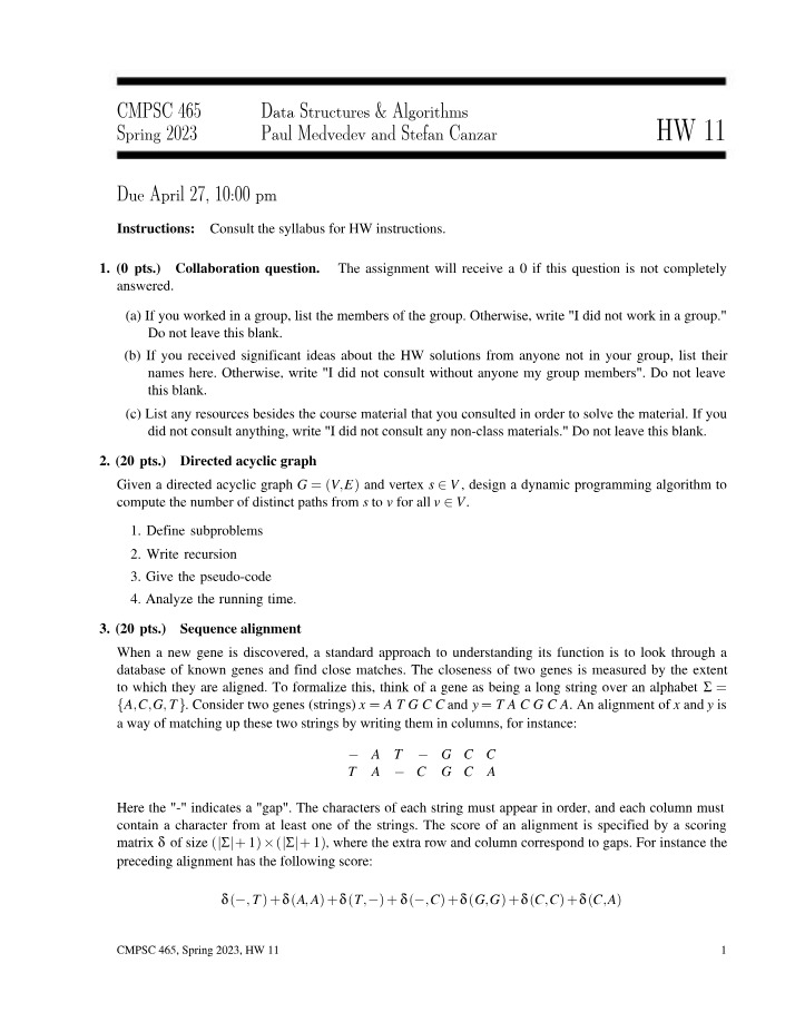 Homework 11 - Dynamic Programming for Directed Acyclic Graphs