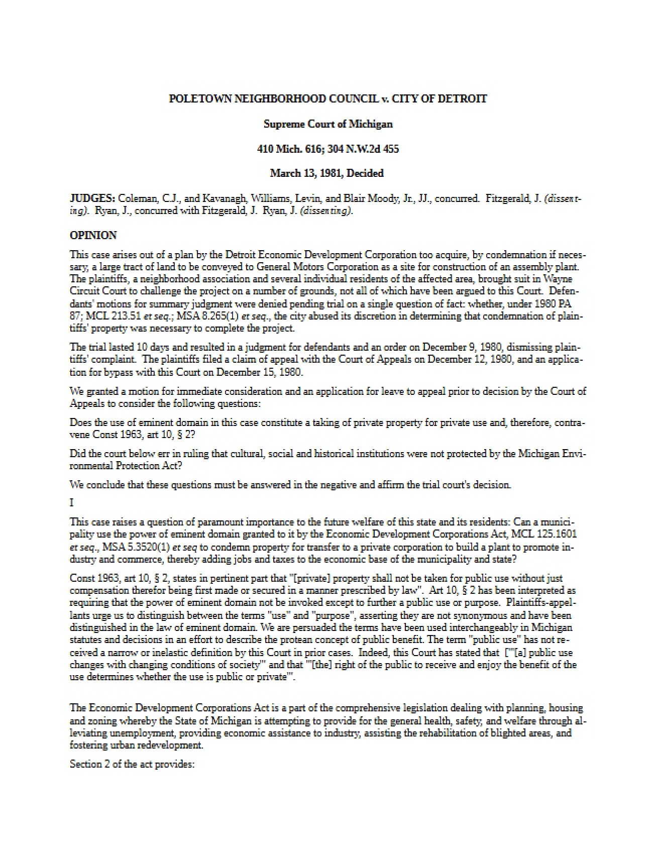 Case Study Poletown Neighborhood Council vs Detroit