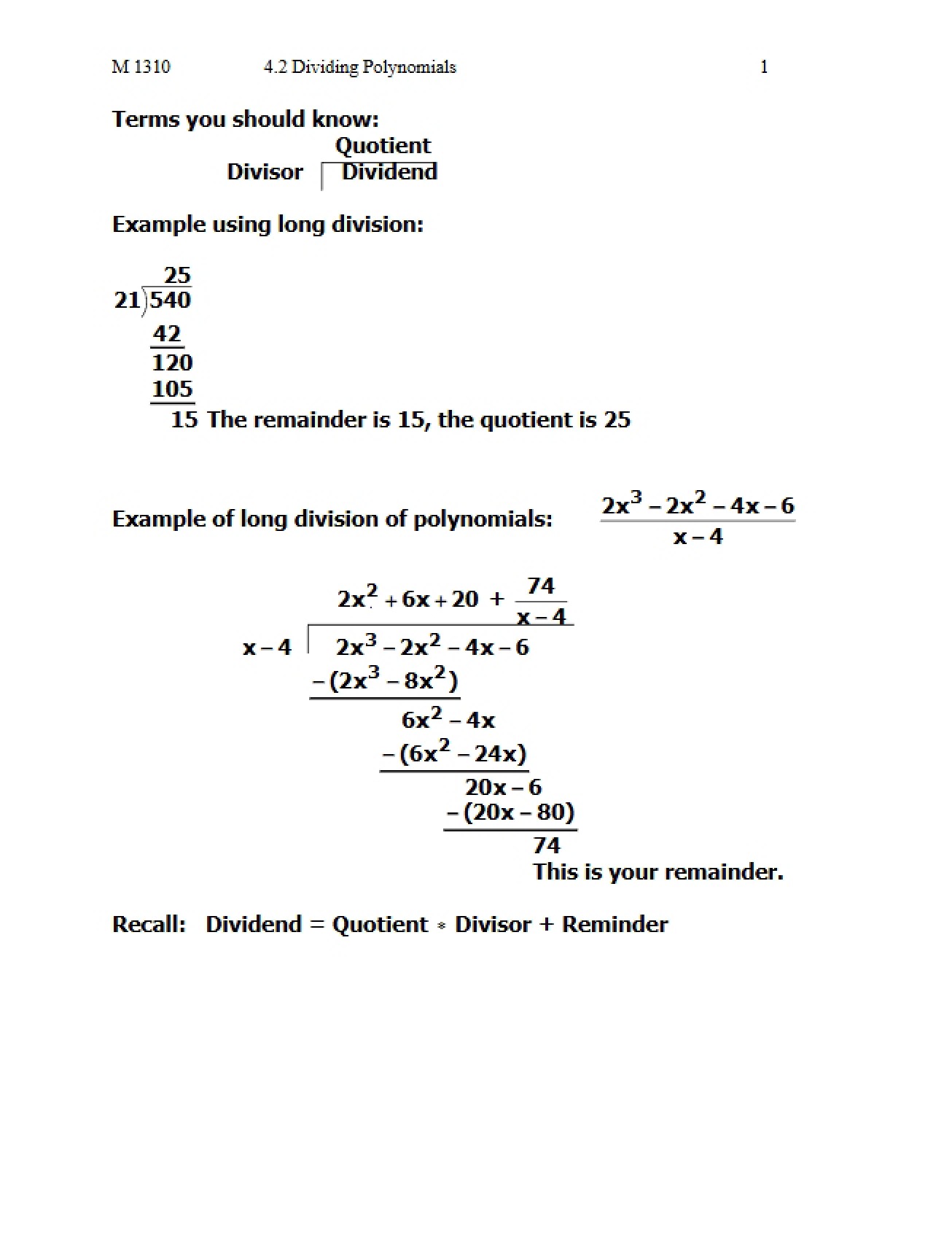 Dividing Polynomials