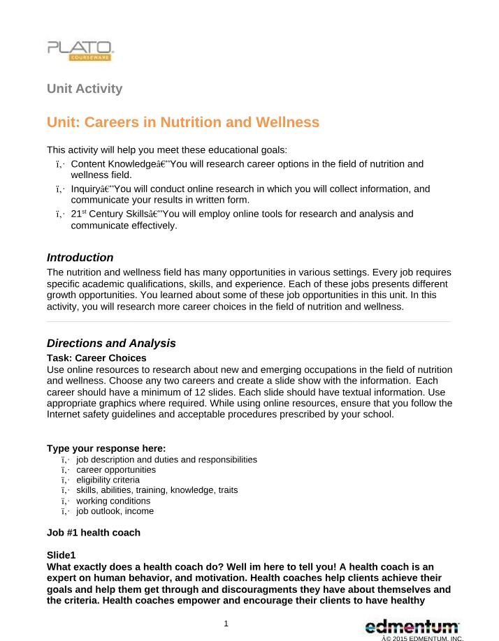 Nutrition and Wellness Unit Activity - Careers
